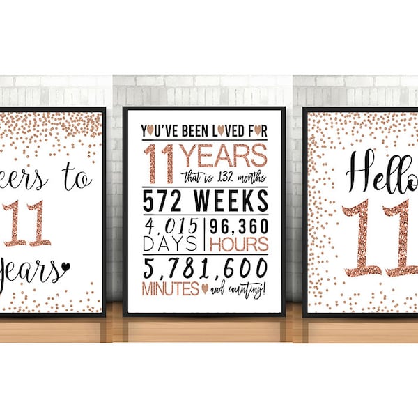 11th Birthday Signs Bundle, Cheers to 11 Years, Hello 11, Happy 10th Birthday, Rose Gold 10th Birthday Signs, 11th Anniversary Signs Pack