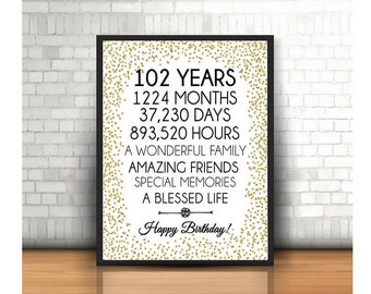 Happy 102nd Birthday, 8x10, 16x20, 24x36, Cheers to 102 Years, 102nd Birthday Sign, Gold confetti Birthday Party Decor, 102nd Birthday décor