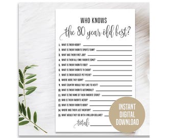 80th Birthday Wo knows Game, Printable, 80th Birthday Party Activity, Party Game, 80th Birthday Trivia, Who Knows the 80 Year Old Best Game