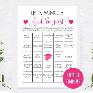 Roze vind de gast-afstuderenspel, bewerkbare vind de gast-kaart, afstudeerspelsjabloon, moderne kalligrafie, roze activiteit, roze bingo