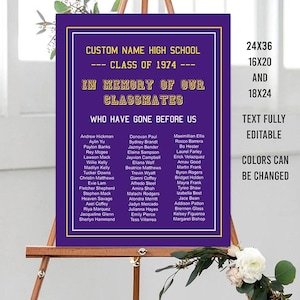 Editable In Memory Sign for Class Reunion, Reunion memorial classmates sign, Any Color Any Year Reunion, High school reunion decor College