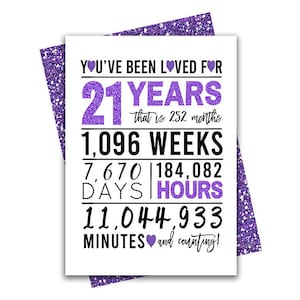 Tarjeta de cumpleaños número 21 púrpura, tarjeta de cumpleaños imprimible, imprimibles de cumpleaños número 21, imprimibles de tarjetas de felicitación, cumpleaños número 21, cumpleaños del corazón 21