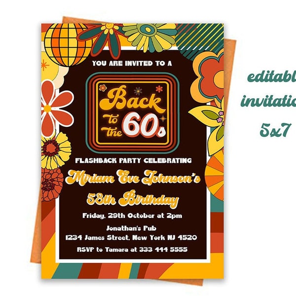 Editable 60's Themed Birthday Party Invitation, Retro Birthday Party Invitation, Printable 1960s Birthday Invite, Back to the 60s Invitation