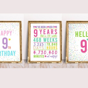 9th Birthday Signs Bundle, Cheers to 9 Years, Happy 9th Birthday, Hello 9, Pastel Birthday Decoration, Pastel 9th Birthday Signs, 9th signs