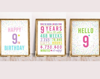 9th Birthday Signs Bundle, Cheers to 9 Years, Happy 9th Birthday, Hello 9, Pastel Birthday Decoration, Pastel 9th Birthday Signs, 9th signs