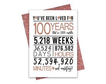 rose Gold 100th Birthday Card, Printable Birthday Card, 100th Birthday Printables, Greeting card printables, 100th gift, 100th heart card