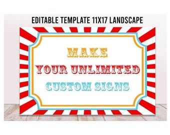 Editable Carnival Party Sign, 11x17 Landscape, Printable Circus Welcome Sign, Carnival Birthday Template, Custom Circus Party Sign, Stripy