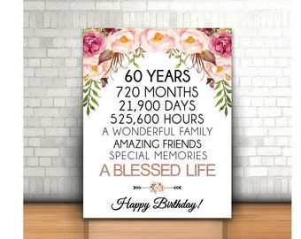 May include: A white printable sign with pink floral designs and gold glitter text. The text reads "60 Years, 720 Months, 21,900 Days, 525,600 Hours, A Wonderful Family, Amazing Friends, Special Memories, A Blessed Life, Happy Birthday!"