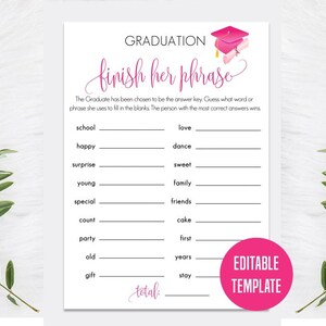 Juego de frases para graduarse, tarjeta editable, plantilla rosa para juego de graduación, regalo para graduado, graduación rosa