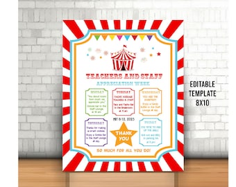 Editable Teacher and Staff Appreciation Week Flyer, Custom Itinerary Week Invite, Carnival Weekly Planner, Circus Teacher Chart, Gift