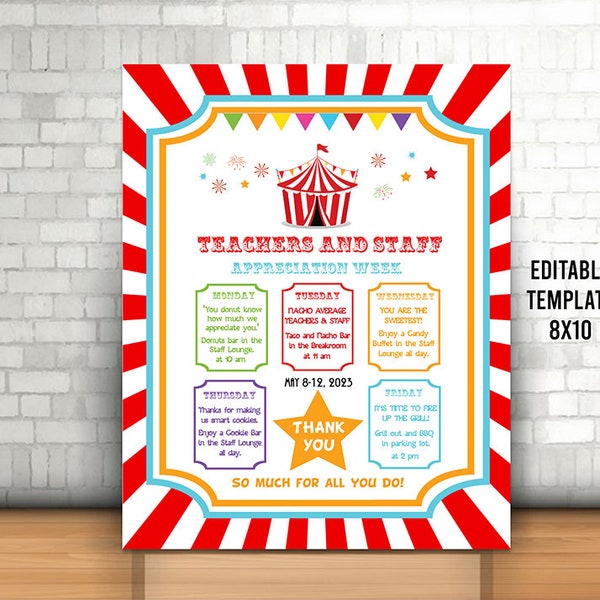 Editable Teacher and Staff Appreciation Week Flyer, Custom Itinerary Week Invite, Carnival Weekly Planner, Circus Teacher Chart, Gift