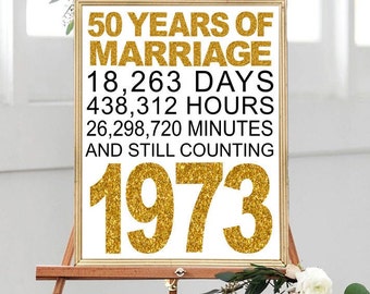 50th Wedding Anniversary Sign, 8x10, 16x20, Cheers to 50 Years, Gold Wedding, Gold Anniversary Party Decoration, Anniversary  décor, 1973