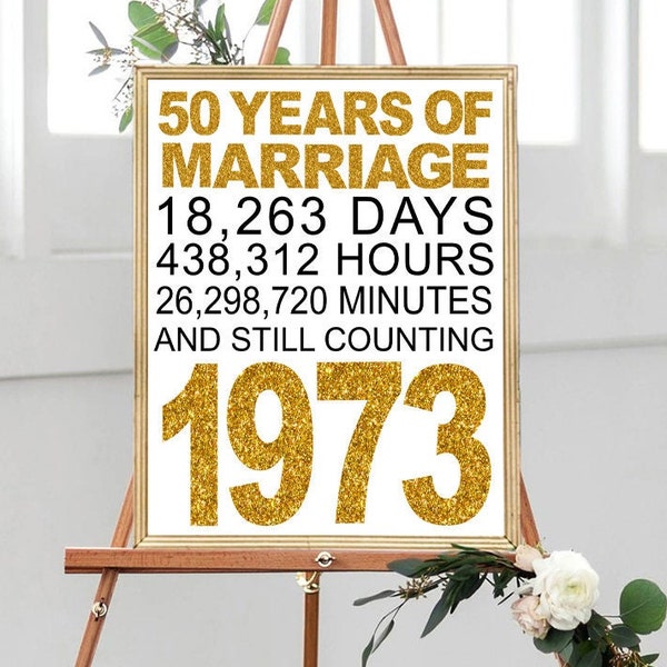 Signe du 50e anniversaire de mariage, 8 x 10, 16 x 20, Cheers to 50 Years, Gold Wedding, Gold Anniversary Party Decoration, Anniversary décor, 1973