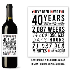 40th Birthday Wine Bottle Labels, Printable Wine Bottle Labels, Cheers to 40 Years, Happy 40th birthday, Printable 40th Birthday Decoration