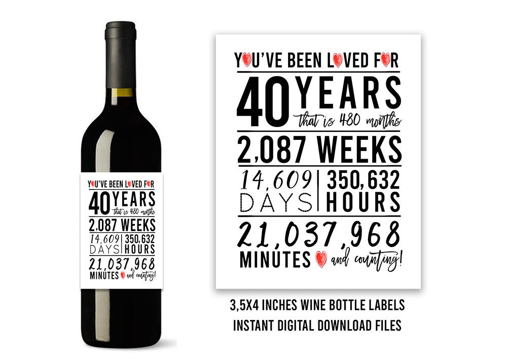 40th Birthday Wine Bottle Labels, Printable Wine Bottle Labels, Cheers to 40 Years, Happy 40th Birthday, Printable 40th Birthday Decoration - Etsy