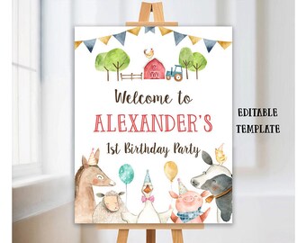 Editable Farm Birthday Welcome Sign, Printable, Barnyard Birthday Welcome Sign Farm Animals Birthday Welcome Boy Template Corjl PRINTABLE