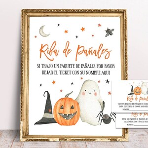 Halloween Baby Shower, Spanish Halloween Diaper Raffle Sign and Ticket, Printable Baby Shower Decoration, Halloween Baby Shower, Little Boo