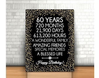 60th Birthday Sign, 8x10, 16x20, 24x36, 60th Party Decoration, 60th Gold birthday, Poster, Instant Download, Gold 60th Birthday Decor