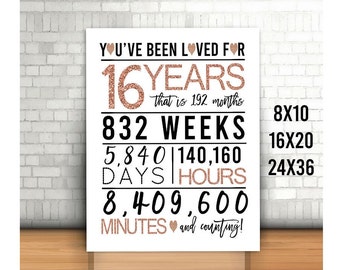 Rose Gold 16th Birthday Sign, You Have Been Loved For 16 Years Sign, 8x10, 16x20, 24x36, Cheers to 16 Years, Happy 16th birthday, Printable