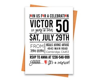 Op de afbeelding: Een witte uitnodigingskaart met zwarte tekst die een verrassingsfeest voor de 50e verjaardag van Victor aankondigt. Het feest vindt plaats op zaterdag 29 juli van 19:00 tot 22:00 uur in Bells Lodge House, 4943 Main Road, Cambridge, CA453. RSVP naar Anna op 1236-546-999.