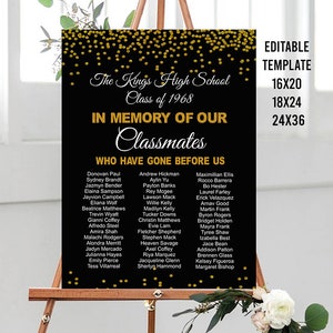 Editable In Memory Sign for Class Reunion, Reunion memorial classmates sign, Gold Reunion decor, High school reunion decor College reunion
