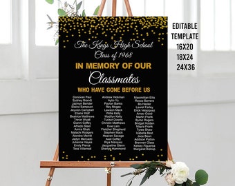 Editable In Memory Sign for Class Reunion, Reunion memorial classmates sign, Gold Reunion decor, High school reunion decor College reunion