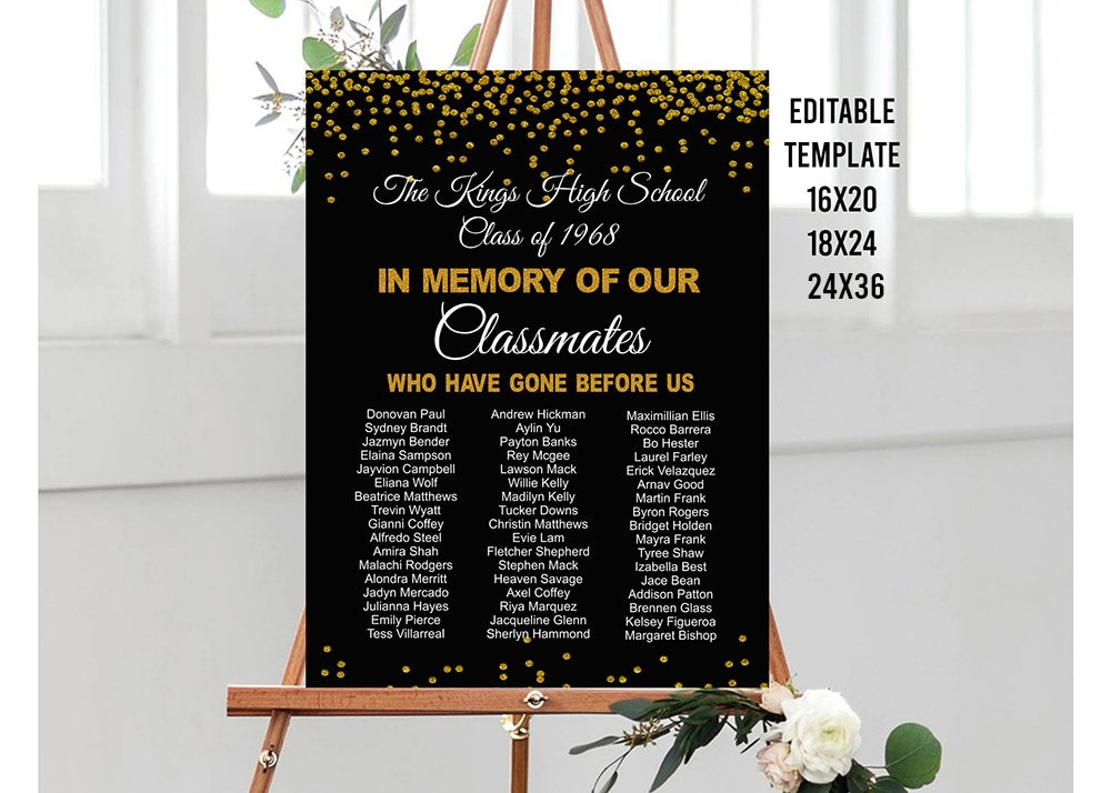 Editable In Memory Sign for Class Reunion, Reunion memorial classmates sign, Gold Reunion decor, High school reunion decor College reunion