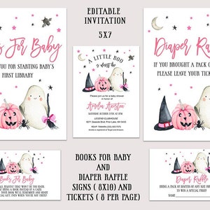 Op de afbeelding: Printbare Halloween baby shower uitnodiging met een roze en zwarte kleurstelling. De uitnodiging bevat een spook, een pompoen en een heksenhoed. De tekst op de uitnodiging luidt "A Little Boo is on the way".