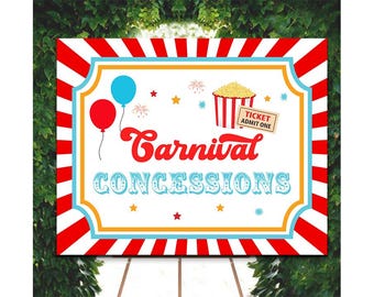 Puede incluir: Un colorido letrero de concesiones de carnaval con un borde a rayas rojas y blancas. El letrero presenta las palabras "Carnival Concessions" en rojo y azul, junto con imágenes de globos, palomitas de maíz y un boleto.