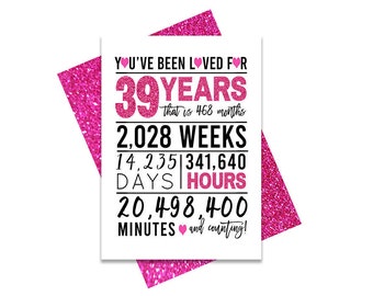 Hot Pink 39th Birthday Card, Printable Birthday Card, 39th Birthday Printables, Greeting card printables, 39th birthday, 39th heart birthday