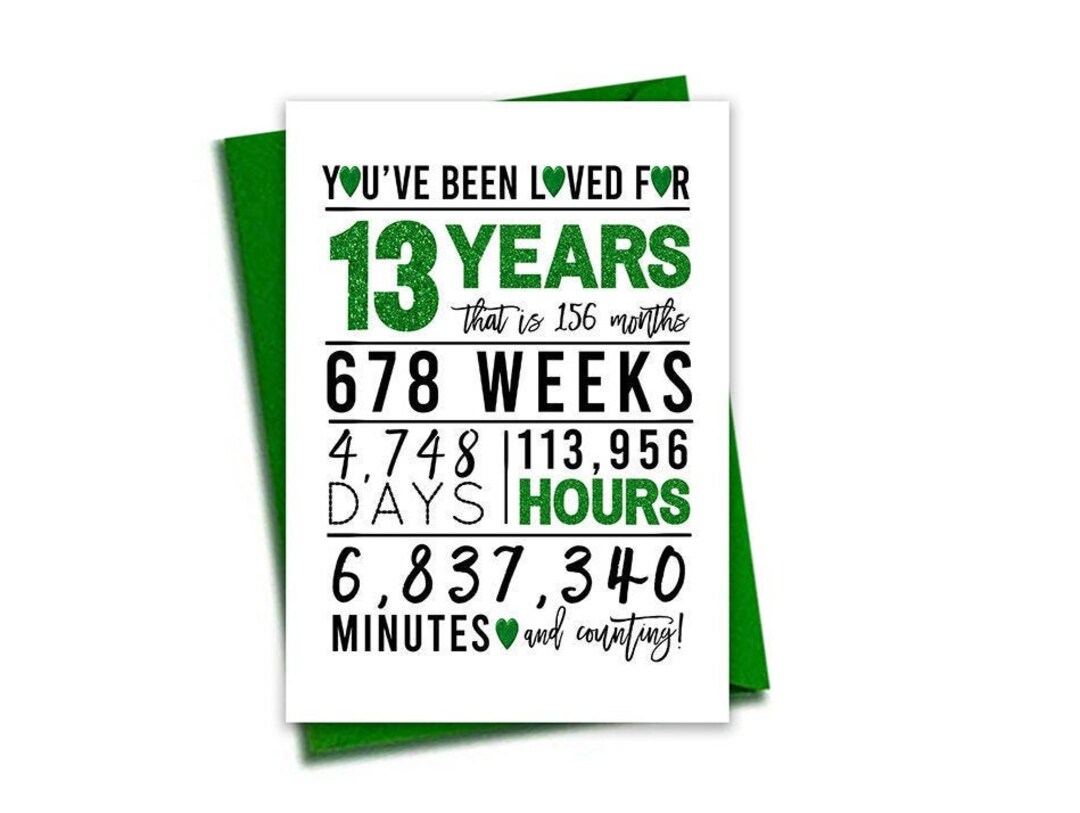Green 13th Birthday Card, Printable Birthday Card, 13th Birthday ...