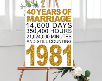 Könnte beinhalten: Ein weißes Schild mit goldfarbenem Glitzertext, das 40 Jahre Ehe feiert. Das Schild lautet "40 Years of Marriage 14,600 Days 350,400 Hours 21,024,000 Minutes And Still Counting 1981".