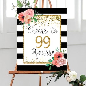 Felicidades aos 99 anos, 8x10, 16x20, placa de 99º aniversário, placa de 99º aniversário, decoração de festa de aniversário com confete dourado, decoração de 99º aniversário
