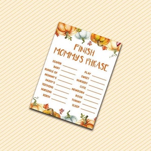 Babyshowerspellen, mama's zin afmaken, afdrukbaar herfstbabydouchespel, herfstfinish mama's zinkaart, pompoenbabydouchespellen