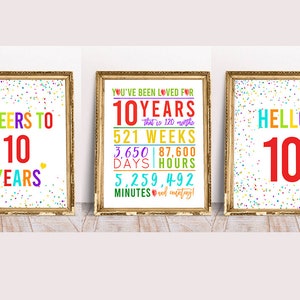 10th Birthday Signs Bundle, Cheers to 10 Years, Rainbow Hello 10, Happy 10th Birthday, Colorful 10th Birthday Signs, 10th bday signs, pack