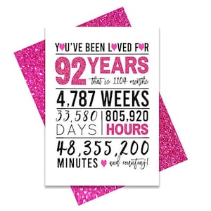 Hete roze 92e verjaardagskaart, afdrukbare verjaardagskaart, 92e verjaardag printables, wenskaart printables, roze 92e verjaardag, 92e hart