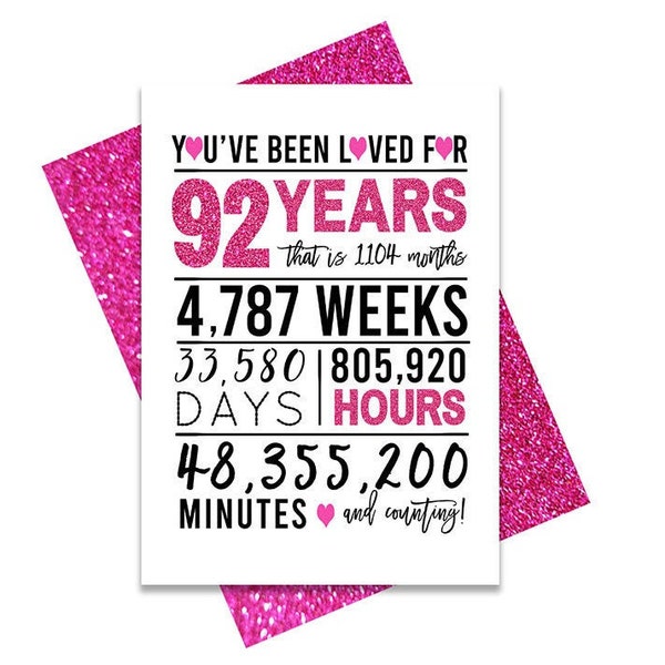 Hot Pink 92nd Birthday Card, Printable Birthday Card, 92nd Birthday Printables, Greeting card printables, pink 92nd birthday, 92nd  heart