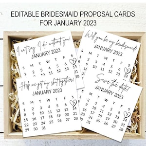 Editable Bridesmaid Calendar proposal, Template, Printable, Bridesmaid Save The Date, proposal calendar, January 2023 Bridesmaid Proposal