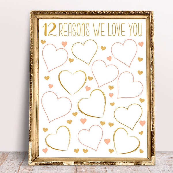 12 Reasons We Love You, 8x10, 11x14, 16x20, Birthday Gift For Her, Gold and Pink 12th birthday gift, printable 12 reasons, girls birthday