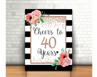 Cheers to 40 Years, 8x10, 16x20, 40th Birthday Sign, 40th Anniversary Sign, Rose Gold  Birthday Party Decoration, Birthday décor, floral