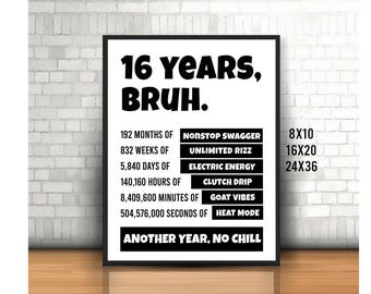 May include: Black framed print with the text "16 YEARS, BRUH." and a list of phrases like "NONSTOP SWAGGER" and "HEAT MODE." The print is displayed on a wooden surface against a white brick wall. Available sizes are 8x10, 16x20, and 24x36 inches.