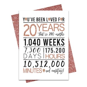 Rose Gold 20th Birthday Card, Printable Birthday Card, 20th Birthday Printables, Greeting card printables, gold 20th bday, 20th heart card