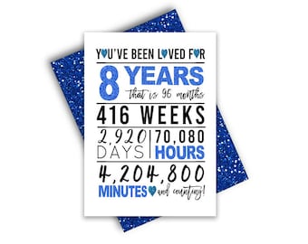 Tarjeta azul del octavo cumpleaños, tarjeta de cumpleaños imprimible, imprimibles del octavo cumpleaños, imprimibles de tarjetas de felicitación, octavo cumpleaños, octavo cumpleaños del niño