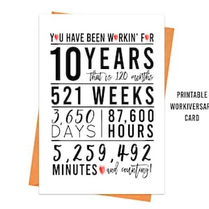 Biglietto per il decimo anniversario del lavoro, Biglietto per l'anniversario STAMPABILE, Biglietto per il decimo anniversario del lavoro, Biglietto d'auguri stampabili, Biglietto per l'anniversario dell'ultimo minuto