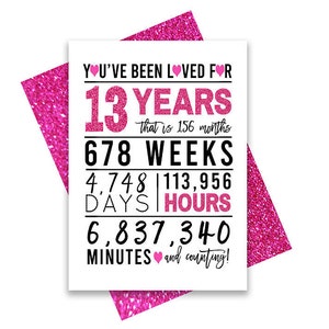 Tarjeta de cumpleaños número 13 de color rosa fuerte, tarjeta de cumpleaños imprimible, imprimibles de cumpleaños número 13, tarjeta de felicitación imprimible, cumpleaños número 13 rosa, cumpleaños 13 del corazón
