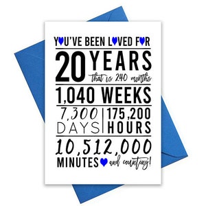 20e anniversaire carte, carte d’anniversaire imprimable, 20e anniversaire imprimables, carte de voeux imprimable, bleu 20e anniversaire, 20e anniversaire coeur, fichier