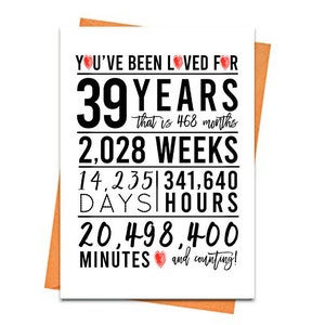 Peut inclure: Carte blanche avec du texte noir et des cœurs rouges qui dit "You've been loved for 39 years that is 468 months 2,028 weeks 14,235 days 341,640 hours 20,498,400 minutes and counting!"