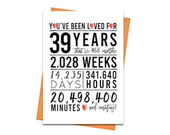 39th Birthday Card, Printable Birthday Card, 39th Birthday Printables, Greeting card printables, red 39th birthday, 39th heart birthday