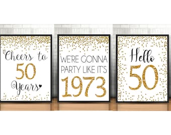 50th Birthday Decoration, 50th Birthday Signs Bundle, Cheers to 50 Years, Hello 50, Gold 50th Birthday Signs, 50th anniversary sign pack