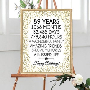 Happy 89th Birthday, 8x10, 16x20, Cheers to 89 Years, 89th Birthday Sign, Gold confetti Birthday Party Decor, 89th Birthday décor, Printable